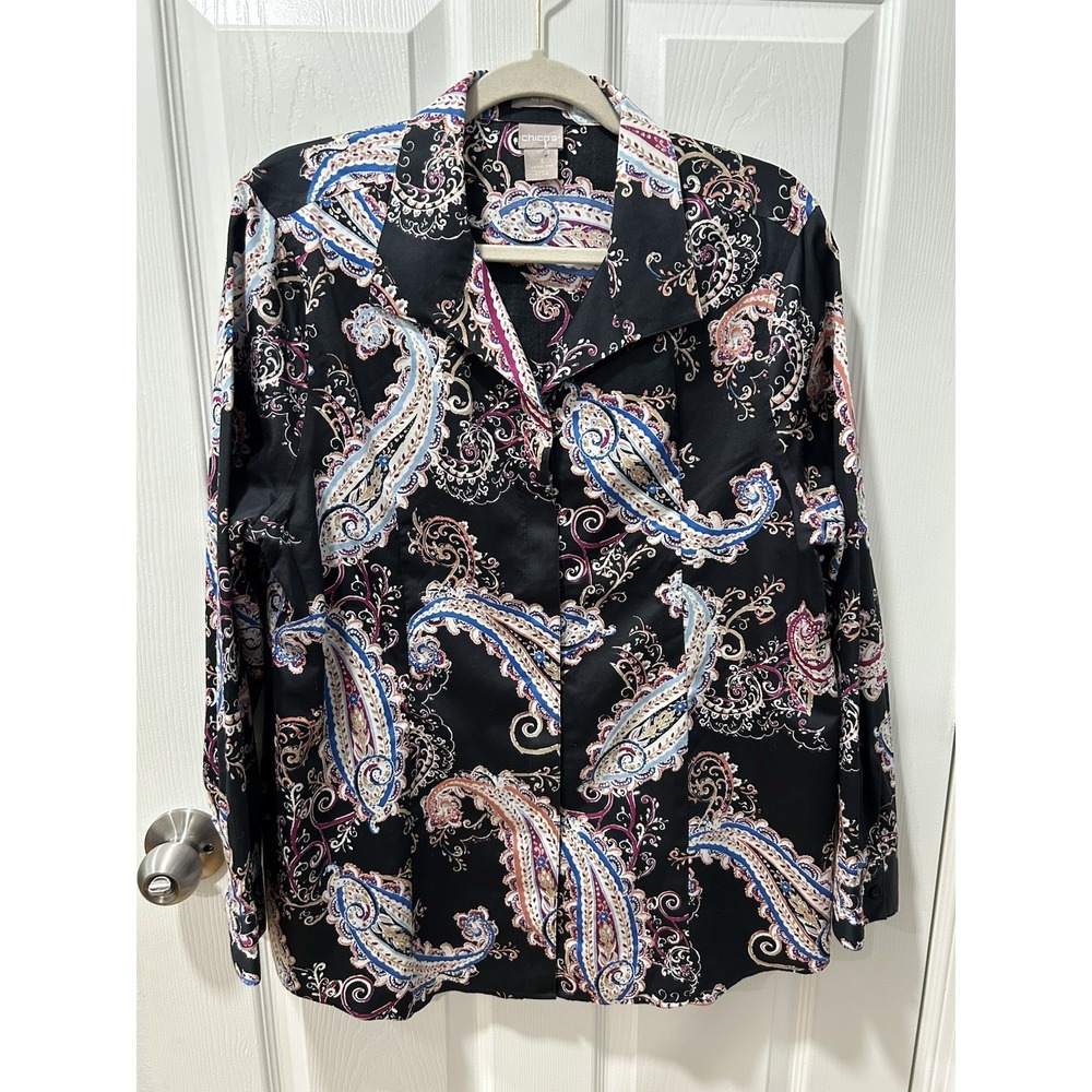 Chico's Black Paisley Wing-Collar Shirt No Iron‎ Size3 US16/18.